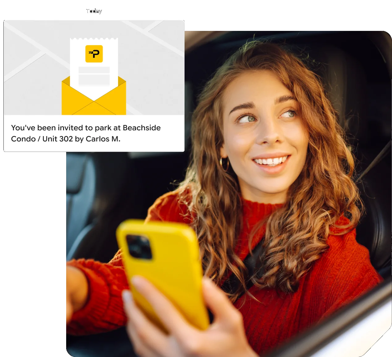 A guest reads a ParkAgent text message in her car: “You've been invited to park at Beachside Condo / Unit 302 by Carlos M.”