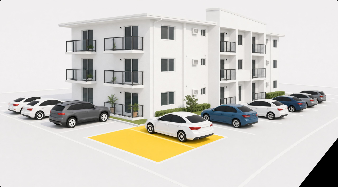 A multifamily building with its resident parking stalls marked.