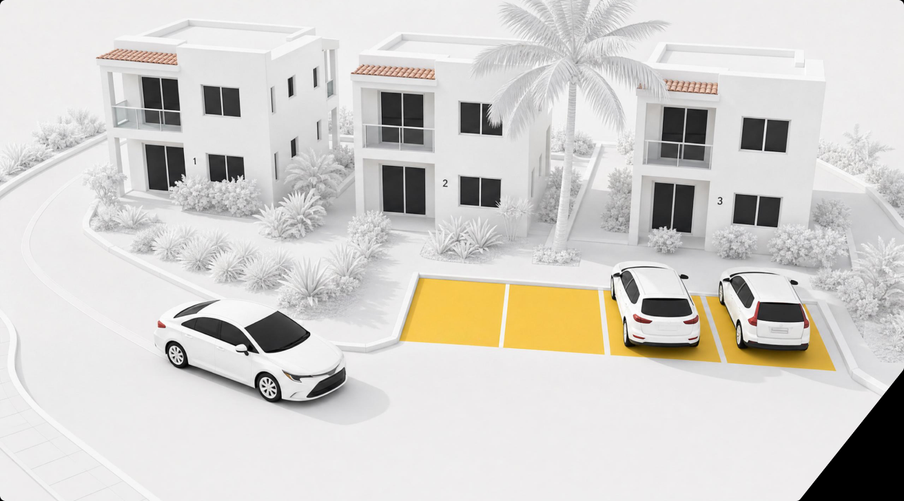 A vacation rental property with guest parking stalls marked.